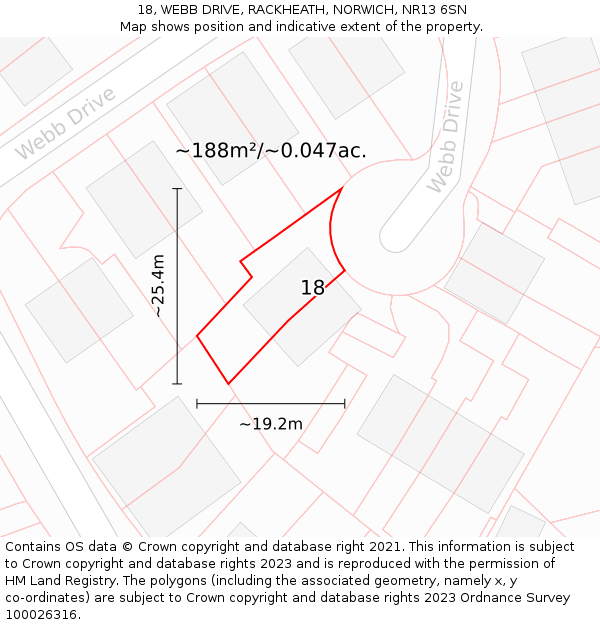 18, WEBB DRIVE, RACKHEATH, NORWICH, NR13 6SN: Plot and title map