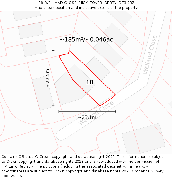 18, WELLAND CLOSE, MICKLEOVER, DERBY, DE3 0RZ: Plot and title map