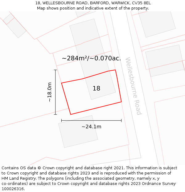 18, WELLESBOURNE ROAD, BARFORD, WARWICK, CV35 8EL: Plot and title map