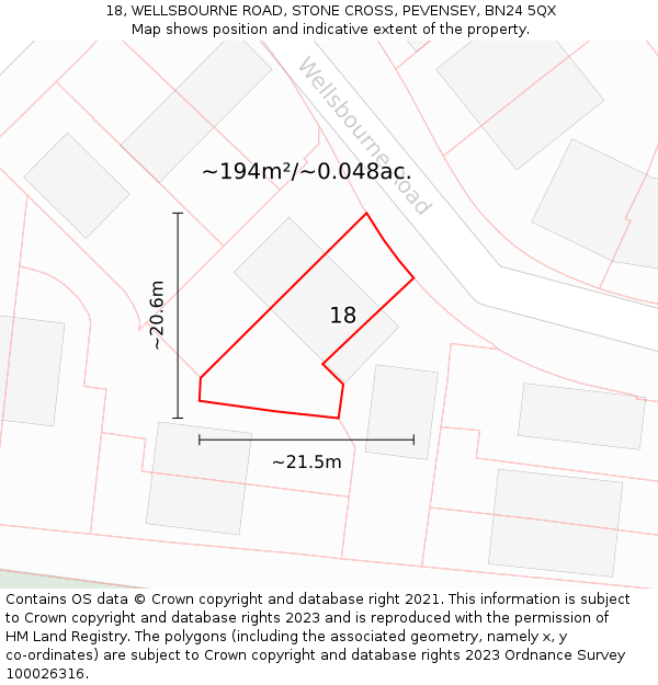 18, WELLSBOURNE ROAD, STONE CROSS, PEVENSEY, BN24 5QX: Plot and title map