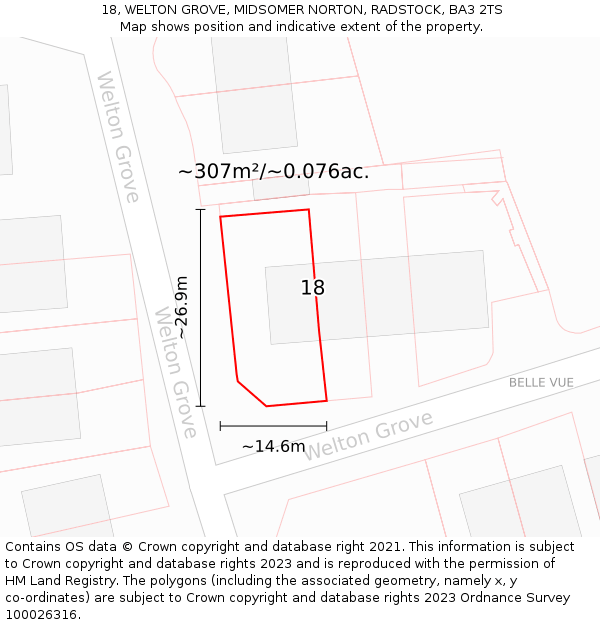 18, WELTON GROVE, MIDSOMER NORTON, RADSTOCK, BA3 2TS: Plot and title map