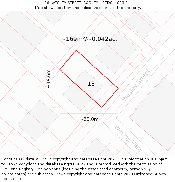18, WESLEY STREET, RODLEY, LEEDS, LS13 1JH: Plot and title map