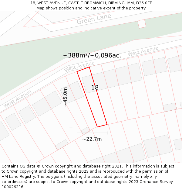 18, WEST AVENUE, CASTLE BROMWICH, BIRMINGHAM, B36 0EB: Plot and title map