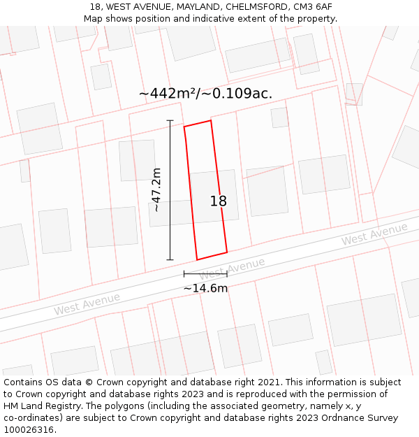 18, WEST AVENUE, MAYLAND, CHELMSFORD, CM3 6AF: Plot and title map