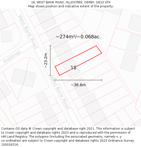 18, WEST BANK ROAD, ALLESTREE, DERBY, DE22 2FX: Plot and title map