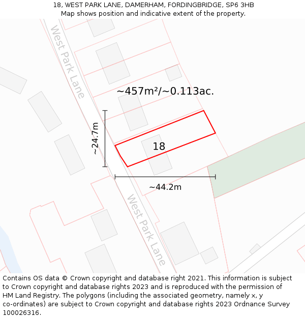 18, WEST PARK LANE, DAMERHAM, FORDINGBRIDGE, SP6 3HB: Plot and title map