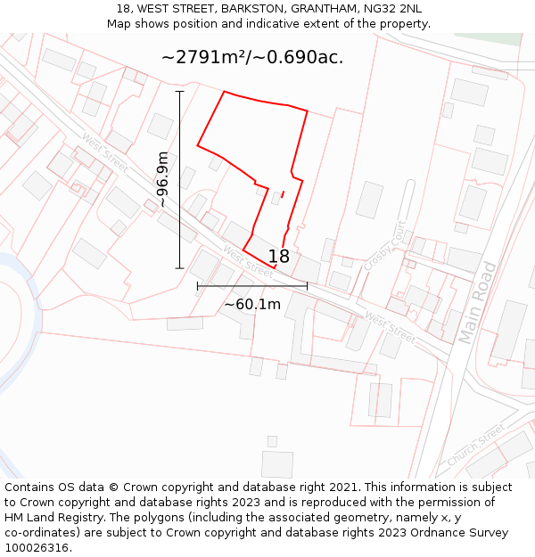 18, WEST STREET, BARKSTON, GRANTHAM, NG32 2NL: Plot and title map