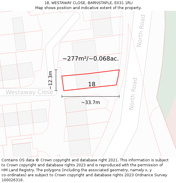 18, WESTAWAY CLOSE, BARNSTAPLE, EX31 1RU: Plot and title map