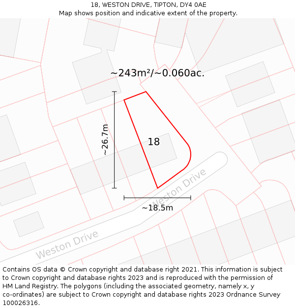 18, WESTON DRIVE, TIPTON, DY4 0AE: Plot and title map