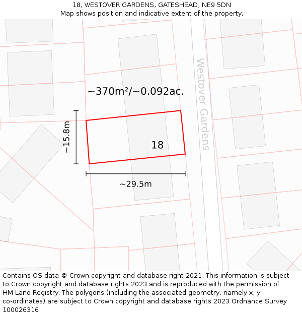 18, WESTOVER GARDENS, GATESHEAD, NE9 5DN: Plot and title map