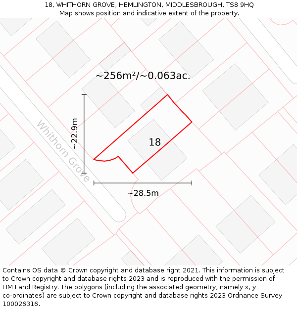 18, WHITHORN GROVE, HEMLINGTON, MIDDLESBROUGH, TS8 9HQ: Plot and title map