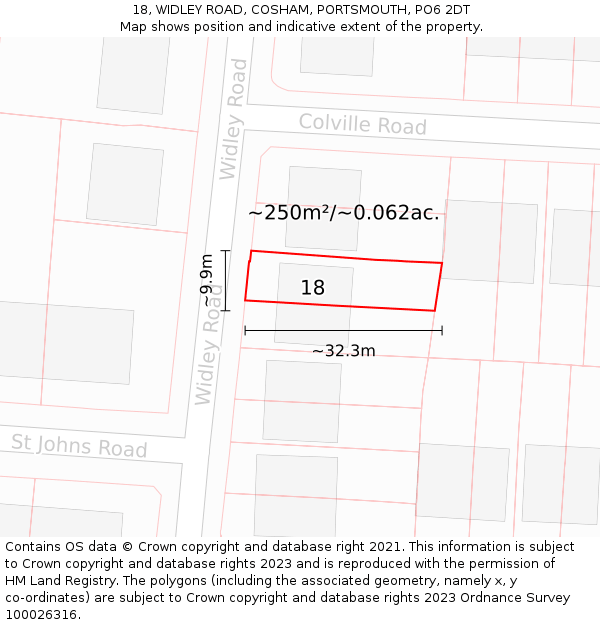 18, WIDLEY ROAD, COSHAM, PORTSMOUTH, PO6 2DT: Plot and title map