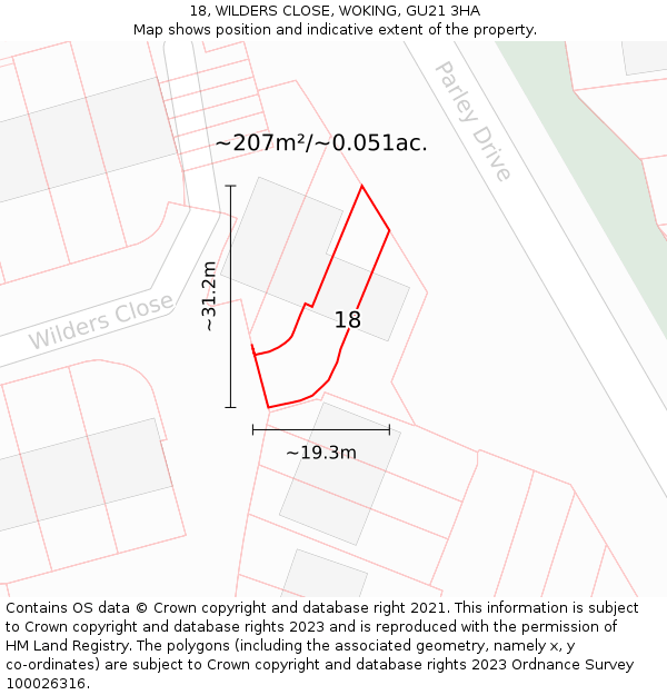 18, WILDERS CLOSE, WOKING, GU21 3HA: Plot and title map