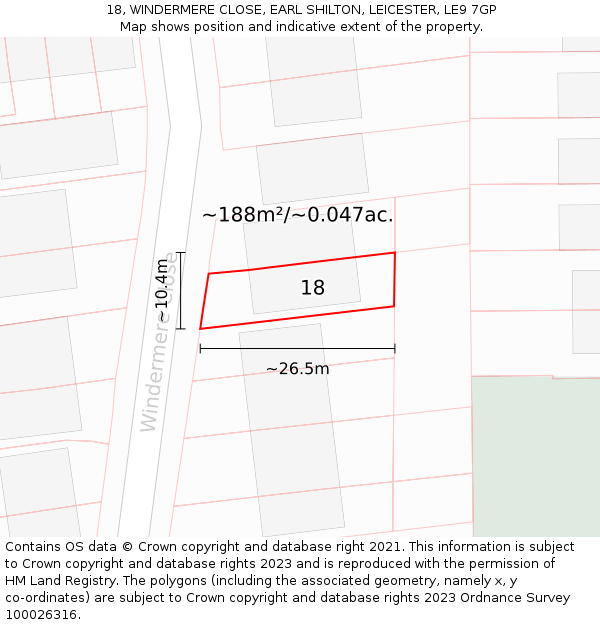 18, WINDERMERE CLOSE, EARL SHILTON, LEICESTER, LE9 7GP: Plot and title map