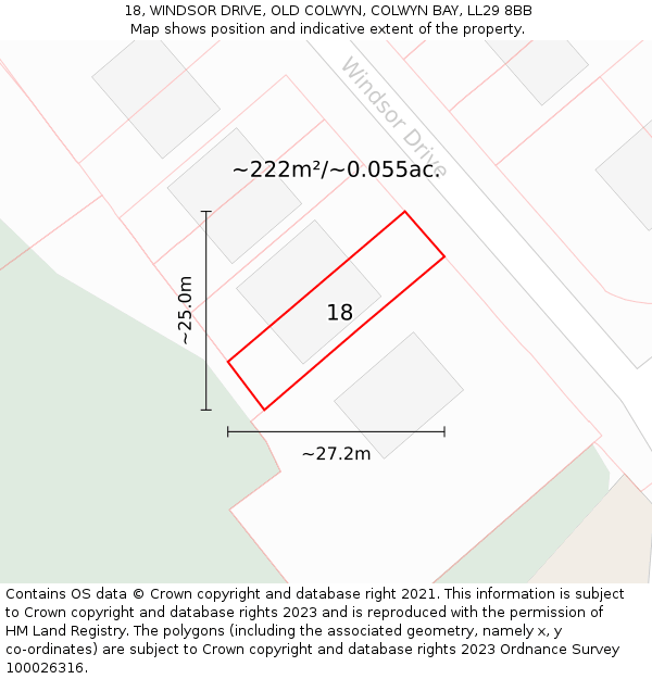 18, WINDSOR DRIVE, OLD COLWYN, COLWYN BAY, LL29 8BB: Plot and title map