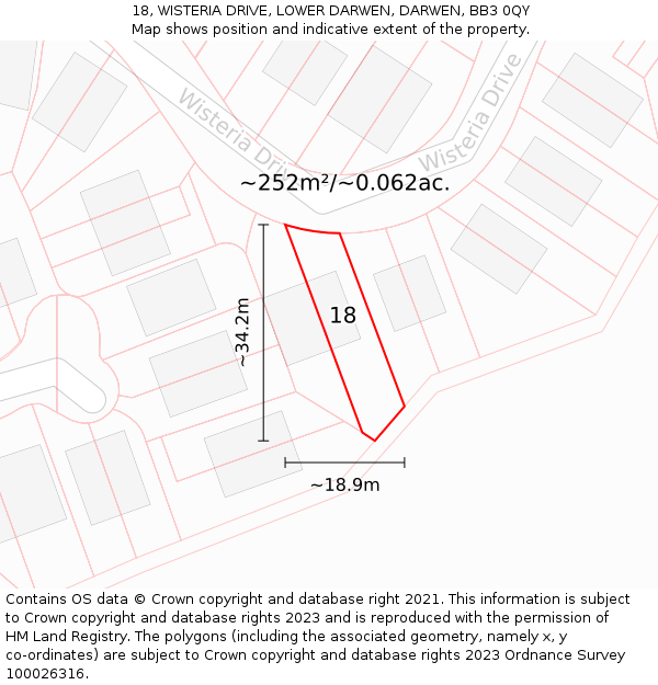 18, WISTERIA DRIVE, LOWER DARWEN, DARWEN, BB3 0QY: Plot and title map