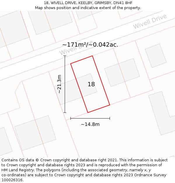 18, WIVELL DRIVE, KEELBY, GRIMSBY, DN41 8HF: Plot and title map