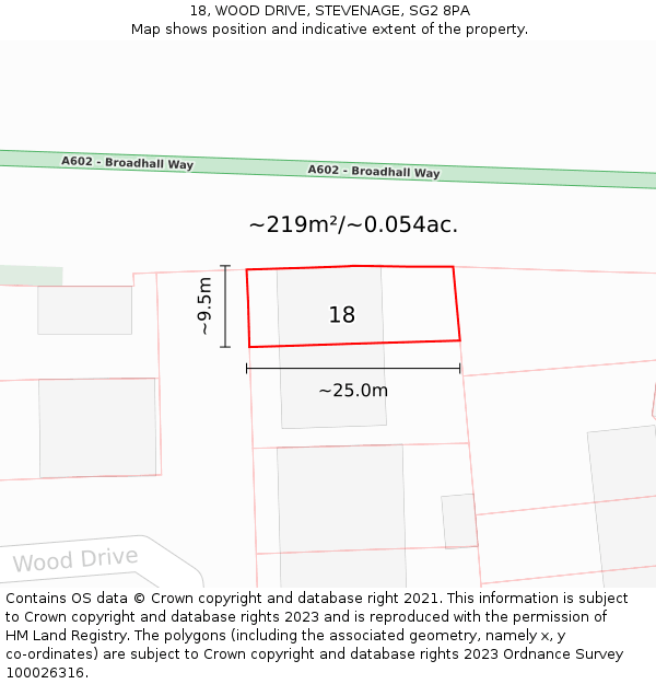 18, WOOD DRIVE, STEVENAGE, SG2 8PA: Plot and title map