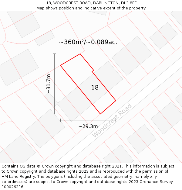 18, WOODCREST ROAD, DARLINGTON, DL3 8EF: Plot and title map