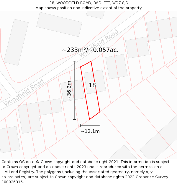 18, WOODFIELD ROAD, RADLETT, WD7 8JD: Plot and title map