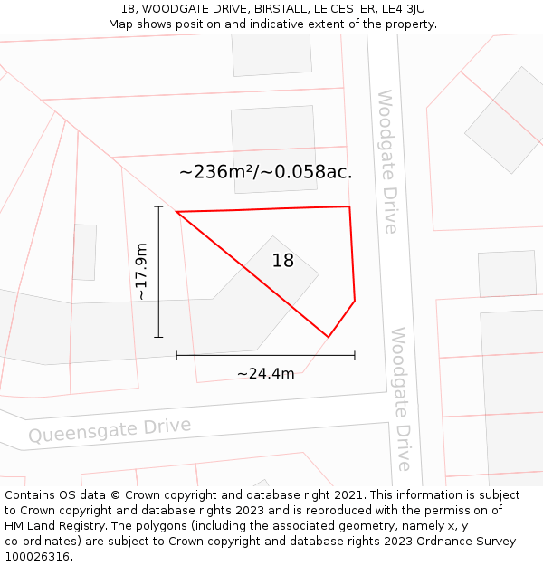 18, WOODGATE DRIVE, BIRSTALL, LEICESTER, LE4 3JU: Plot and title map