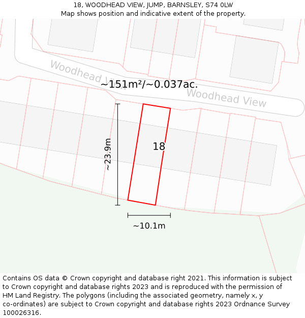 18, WOODHEAD VIEW, JUMP, BARNSLEY, S74 0LW: Plot and title map