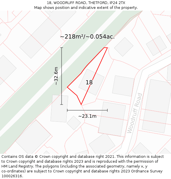 18, WOODRUFF ROAD, THETFORD, IP24 2TX: Plot and title map