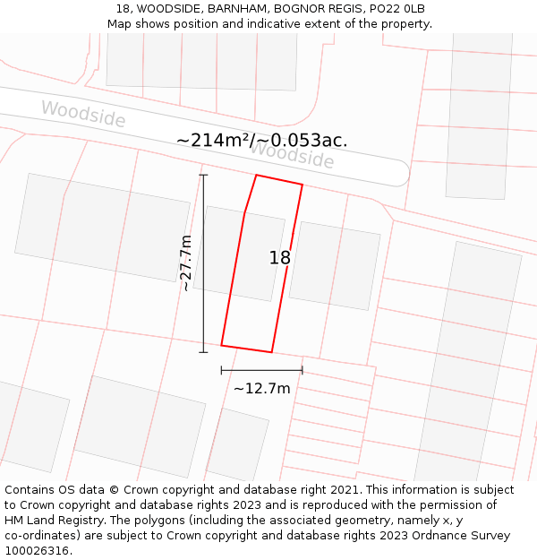 18, WOODSIDE, BARNHAM, BOGNOR REGIS, PO22 0LB: Plot and title map