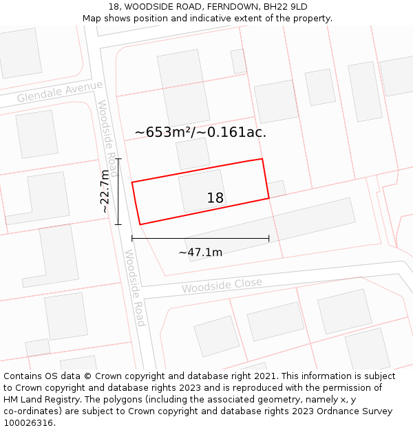 18, WOODSIDE ROAD, FERNDOWN, BH22 9LD: Plot and title map