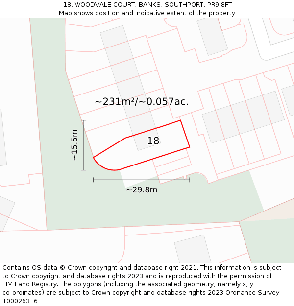 18, WOODVALE COURT, BANKS, SOUTHPORT, PR9 8FT: Plot and title map