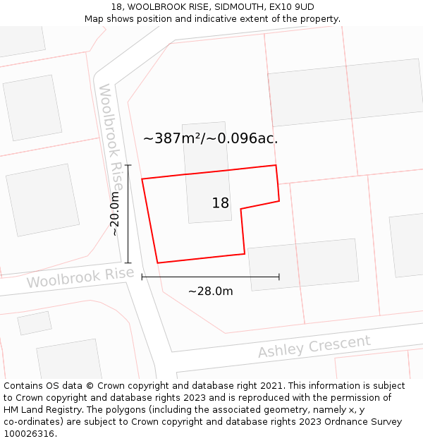 18, WOOLBROOK RISE, SIDMOUTH, EX10 9UD: Plot and title map