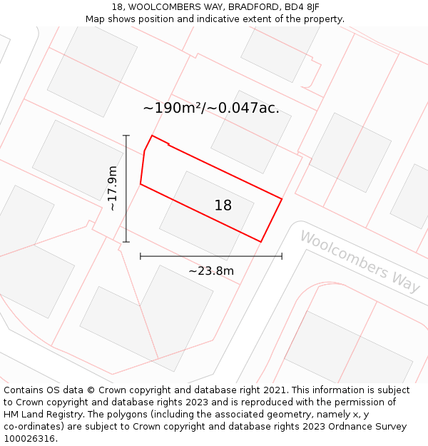 18, WOOLCOMBERS WAY, BRADFORD, BD4 8JF: Plot and title map