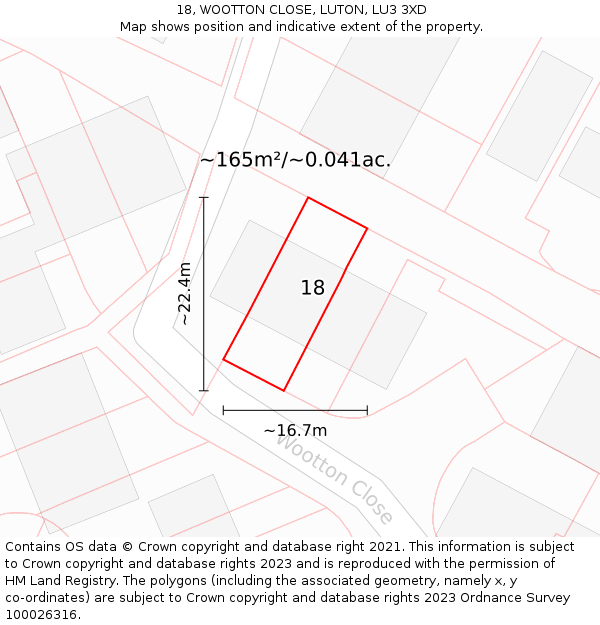 18, WOOTTON CLOSE, LUTON, LU3 3XD: Plot and title map