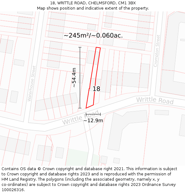 18, WRITTLE ROAD, CHELMSFORD, CM1 3BX: Plot and title map