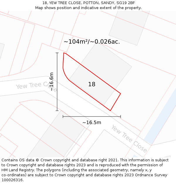 18, YEW TREE CLOSE, POTTON, SANDY, SG19 2BF: Plot and title map