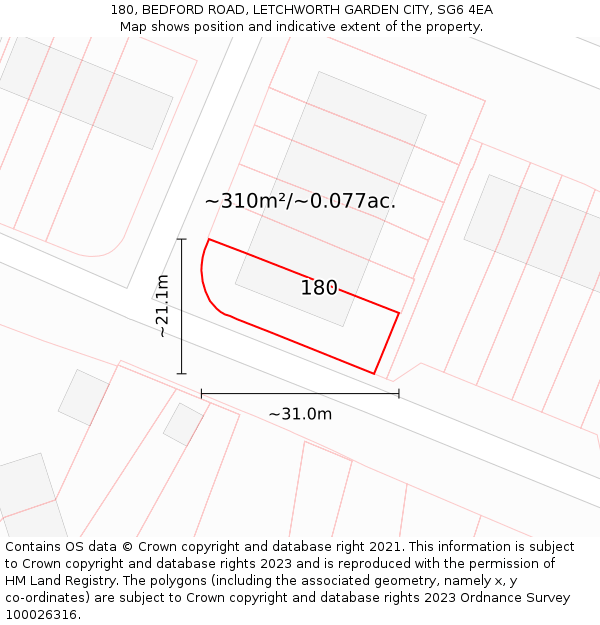 180, BEDFORD ROAD, LETCHWORTH GARDEN CITY, SG6 4EA: Plot and title map