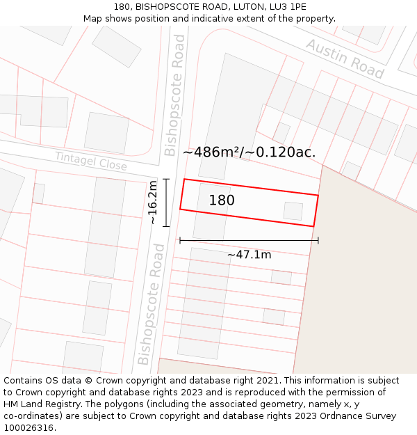 180, BISHOPSCOTE ROAD, LUTON, LU3 1PE: Plot and title map