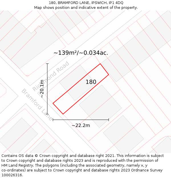 180, BRAMFORD LANE, IPSWICH, IP1 4DQ: Plot and title map