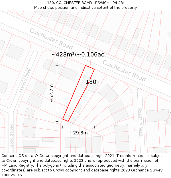 180, COLCHESTER ROAD, IPSWICH, IP4 4RL: Plot and title map