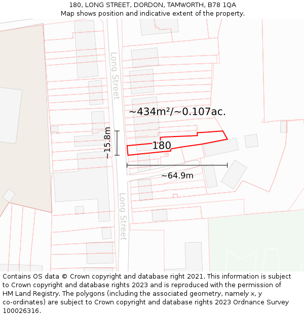 180, LONG STREET, DORDON, TAMWORTH, B78 1QA: Plot and title map