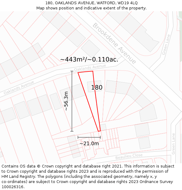 180, OAKLANDS AVENUE, WATFORD, WD19 4LQ: Plot and title map