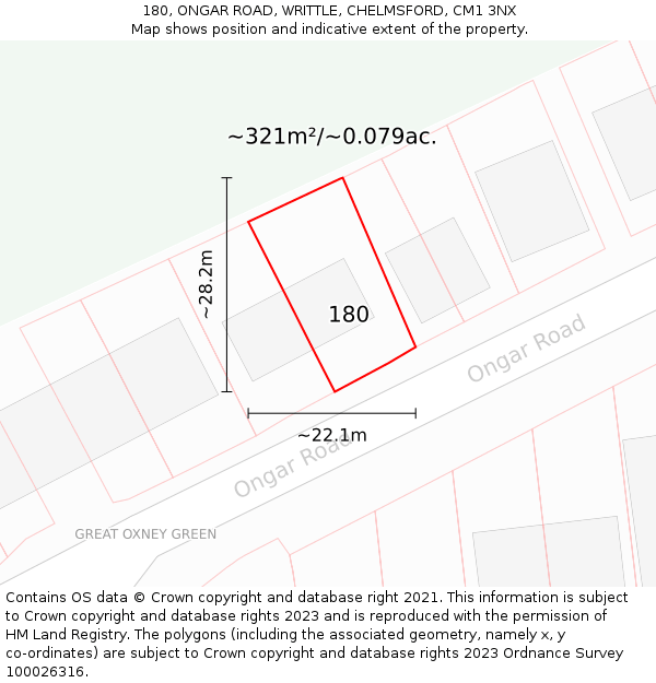 180, ONGAR ROAD, WRITTLE, CHELMSFORD, CM1 3NX: Plot and title map