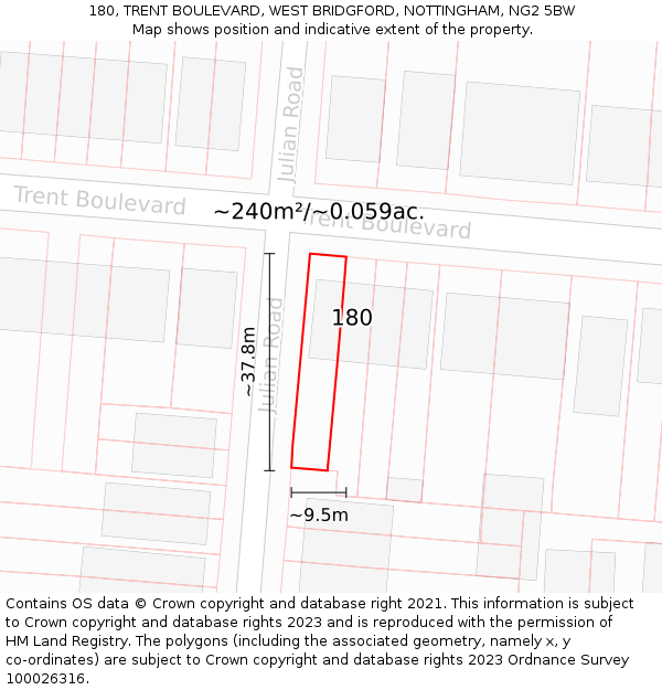 180, TRENT BOULEVARD, WEST BRIDGFORD, NOTTINGHAM, NG2 5BW: Plot and title map