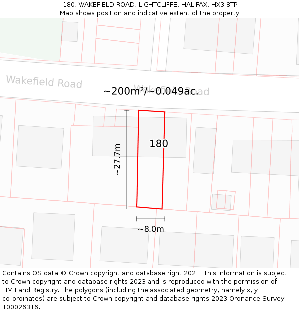 180, WAKEFIELD ROAD, LIGHTCLIFFE, HALIFAX, HX3 8TP: Plot and title map