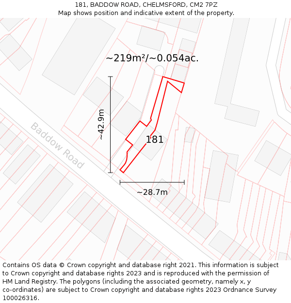 181, BADDOW ROAD, CHELMSFORD, CM2 7PZ: Plot and title map