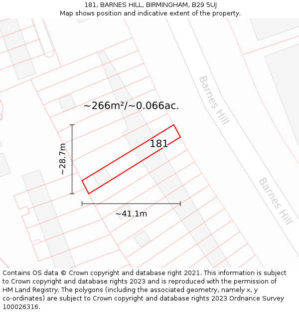 181, BARNES HILL, BIRMINGHAM, B29 5UJ: Plot and title map