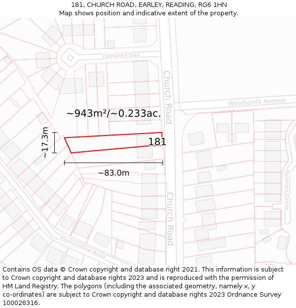 181, CHURCH ROAD, EARLEY, READING, RG6 1HN: Plot and title map