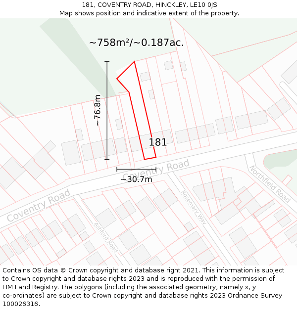 181, COVENTRY ROAD, HINCKLEY, LE10 0JS: Plot and title map