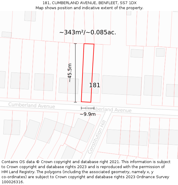 181, CUMBERLAND AVENUE, BENFLEET, SS7 1DX: Plot and title map