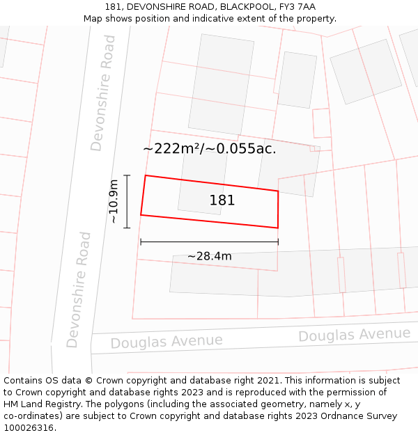 181, DEVONSHIRE ROAD, BLACKPOOL, FY3 7AA: Plot and title map